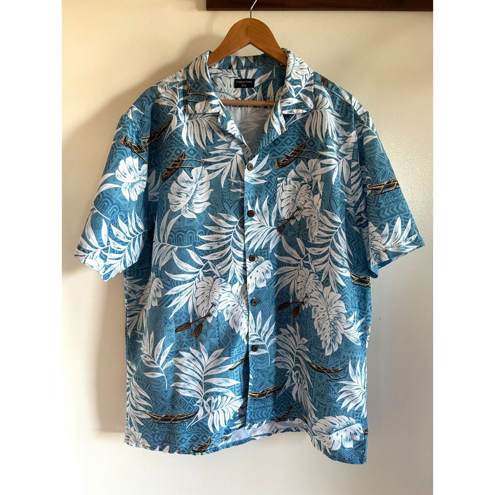 Tropical Storm Men Hawaiian Shirt Button Up Blue Teal Palm Leaf Canoe Floral XXL